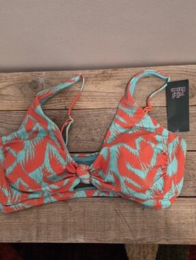 wild fable Coral & Aqua Palm-Print Knot Front Bikini Top